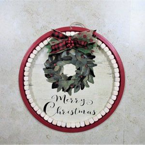 NEW Farmhouse Merry Christmas red green berries wreath metal sign 13" X 13"